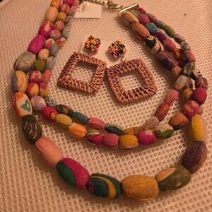 Fair Trade Winds fabric  covered beads & coordinating wicker/seed bead earrings